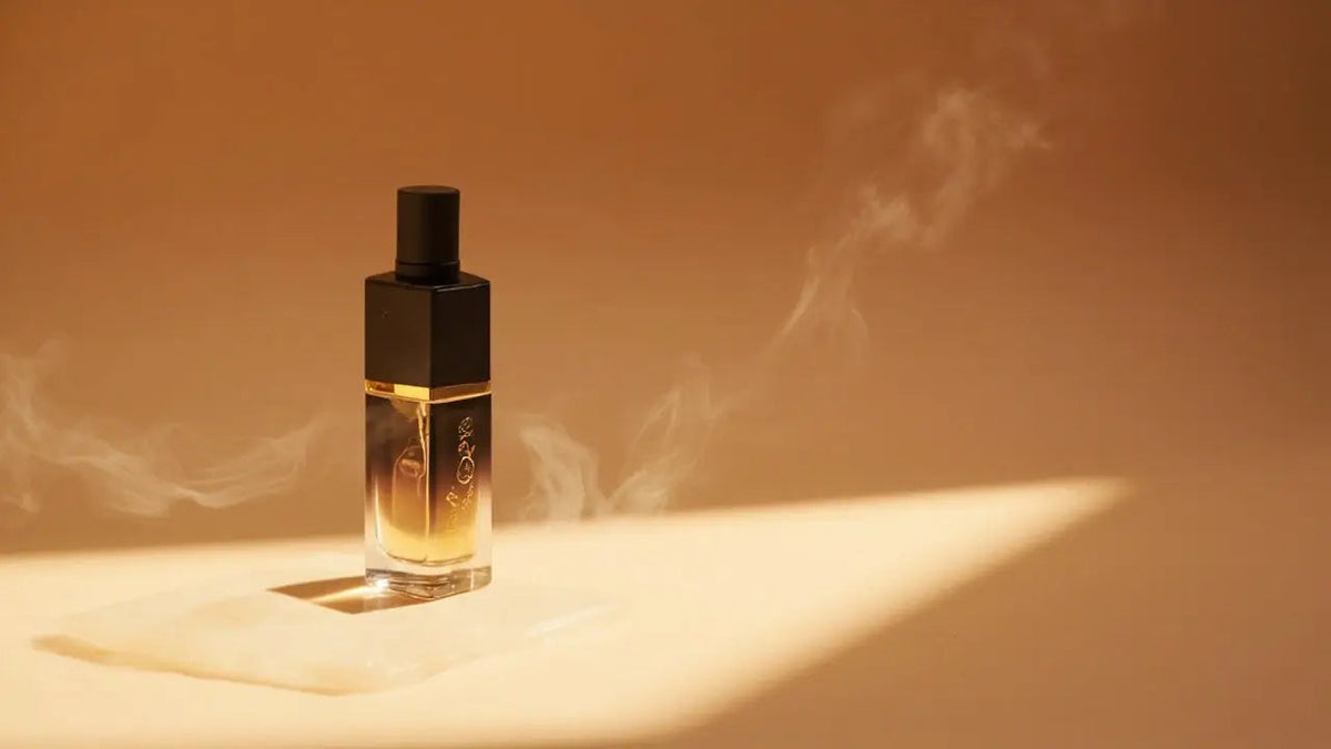 premium arabic perfume bottle on stone with warm amber studio lighting