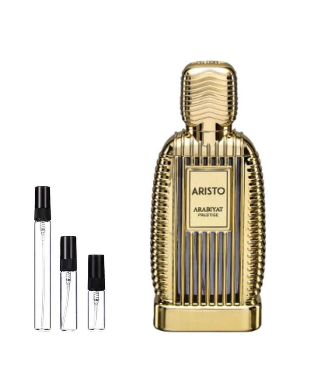 Arabiyat Prestige Aristo sample – decant naast de volle fles ter herkenning