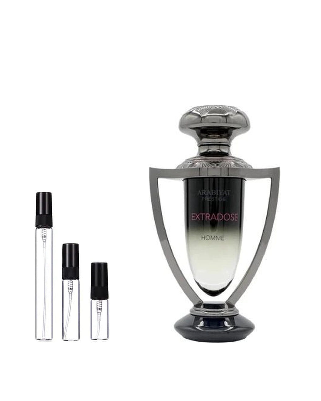 Arabiyat Prestige Extradose Homme sample – decant naast de volle fles ter herkenning