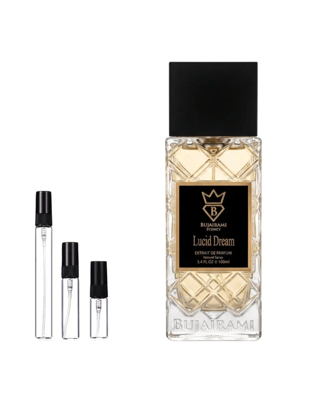 Bujairami Lucid Dream sample – decant naast de volle fles ter herkenning
