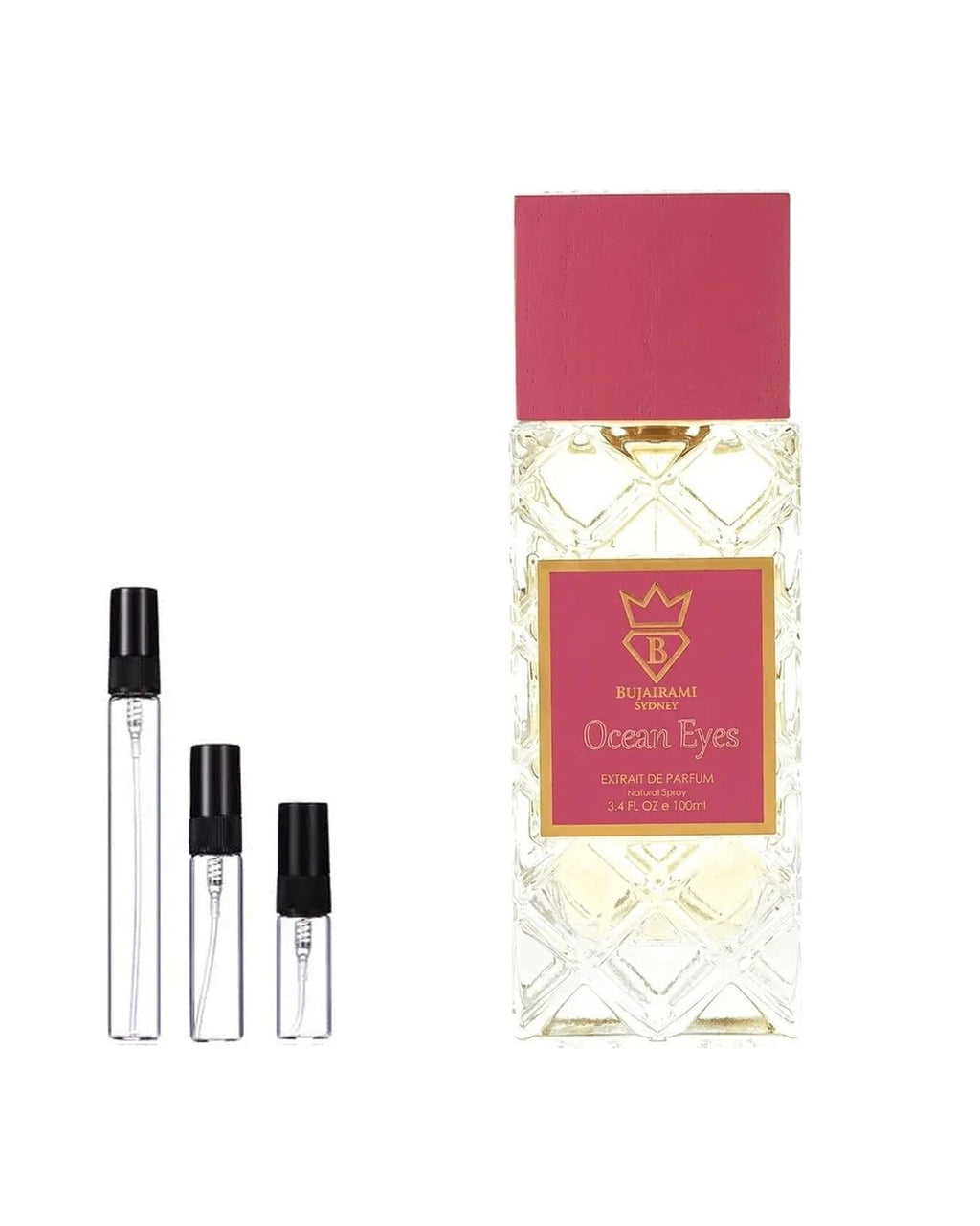 Bujairami Ocean Eyes sample – decant naast de volle fles ter herkenning