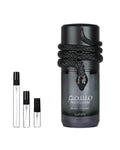 Lattafa Musamam Black Intense sample – decant naast de volle fles ter herkenning