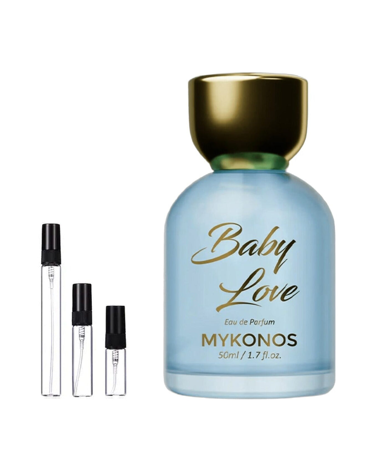 Mykonos Baby Love sample – decant naast de volle fles ter herkenning