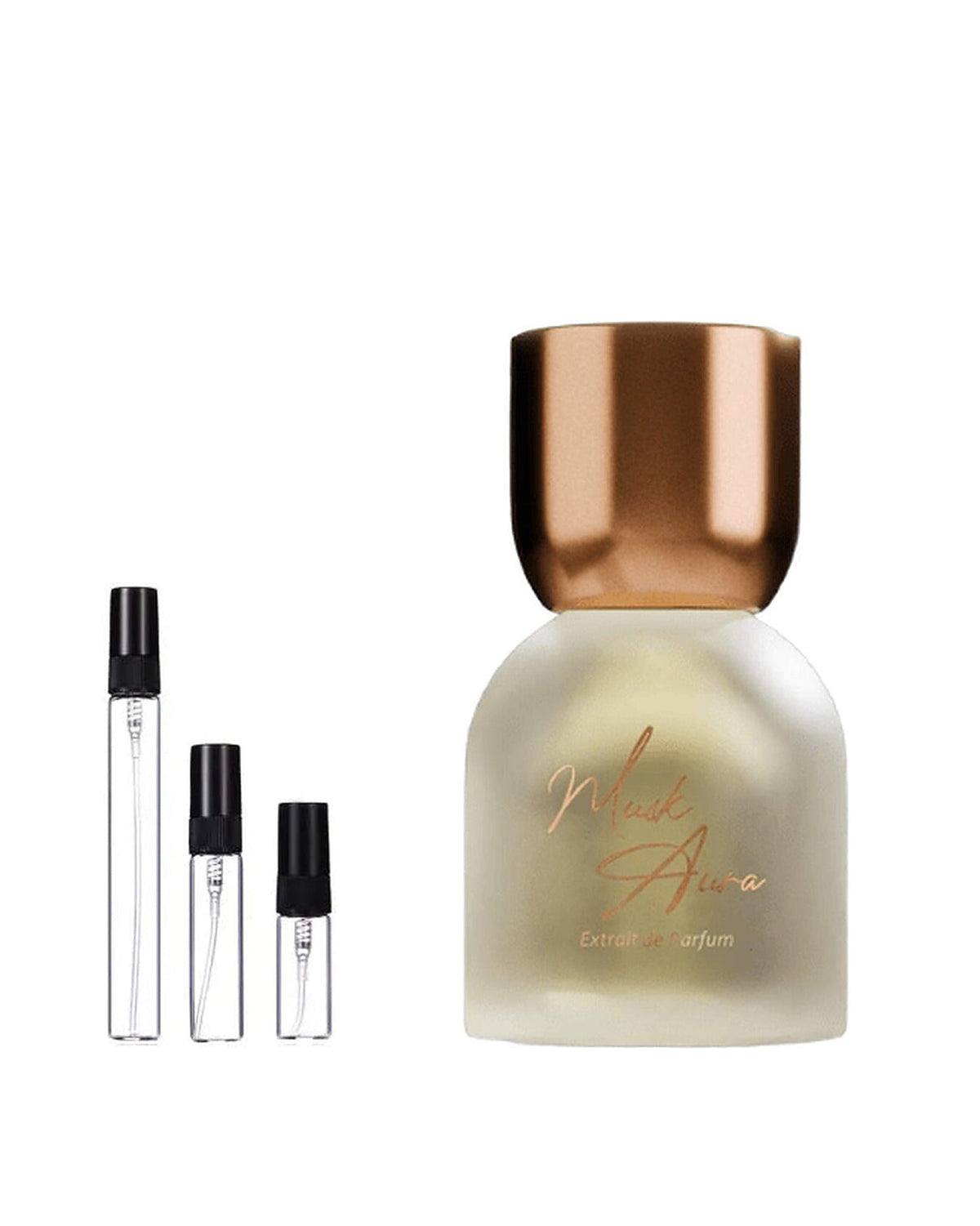 Mykonos Musk Aura sample – decant naast de volle fles ter herkenning