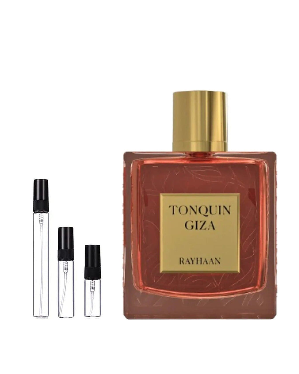 Rayhaan Tonquin Giza sample – decant naast de volle fles ter herkenning